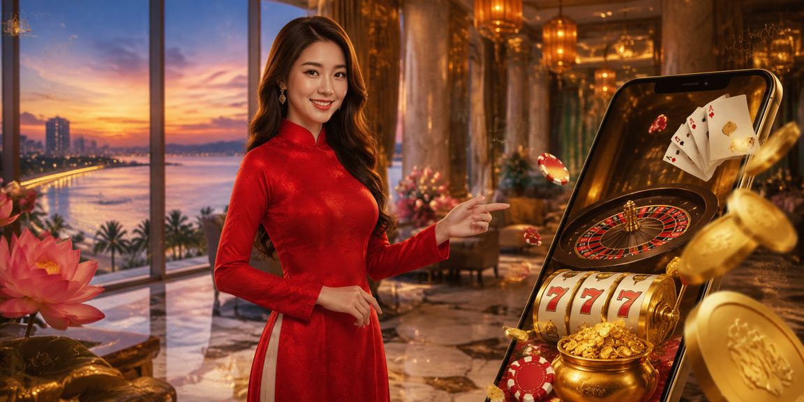 Cô gái mặc áo dài sử dụng điện thoại trải nghiệm casino trực tuyến tại Đà Nẵng