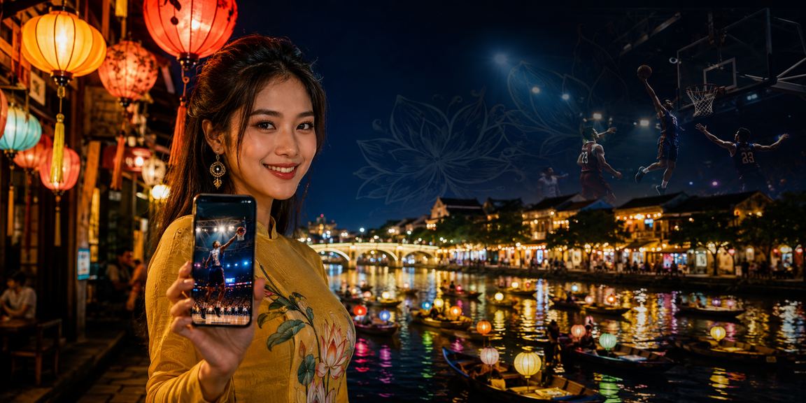 Người dùng tại chợ đêm Hội An theo dõi ưu đãi cá cược và tiền thưởng trên điện thoại